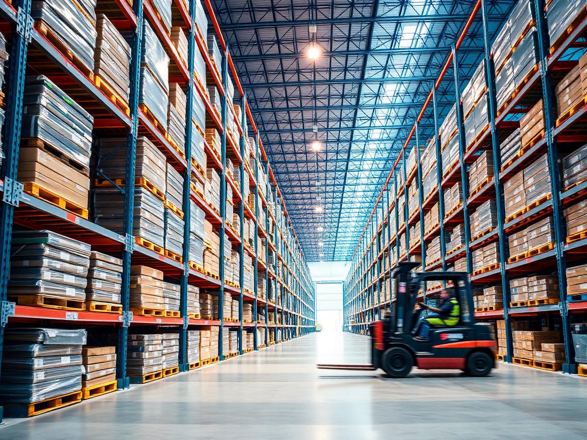 Plateforme logistique GABBY avec allées de racks et palettes préparées