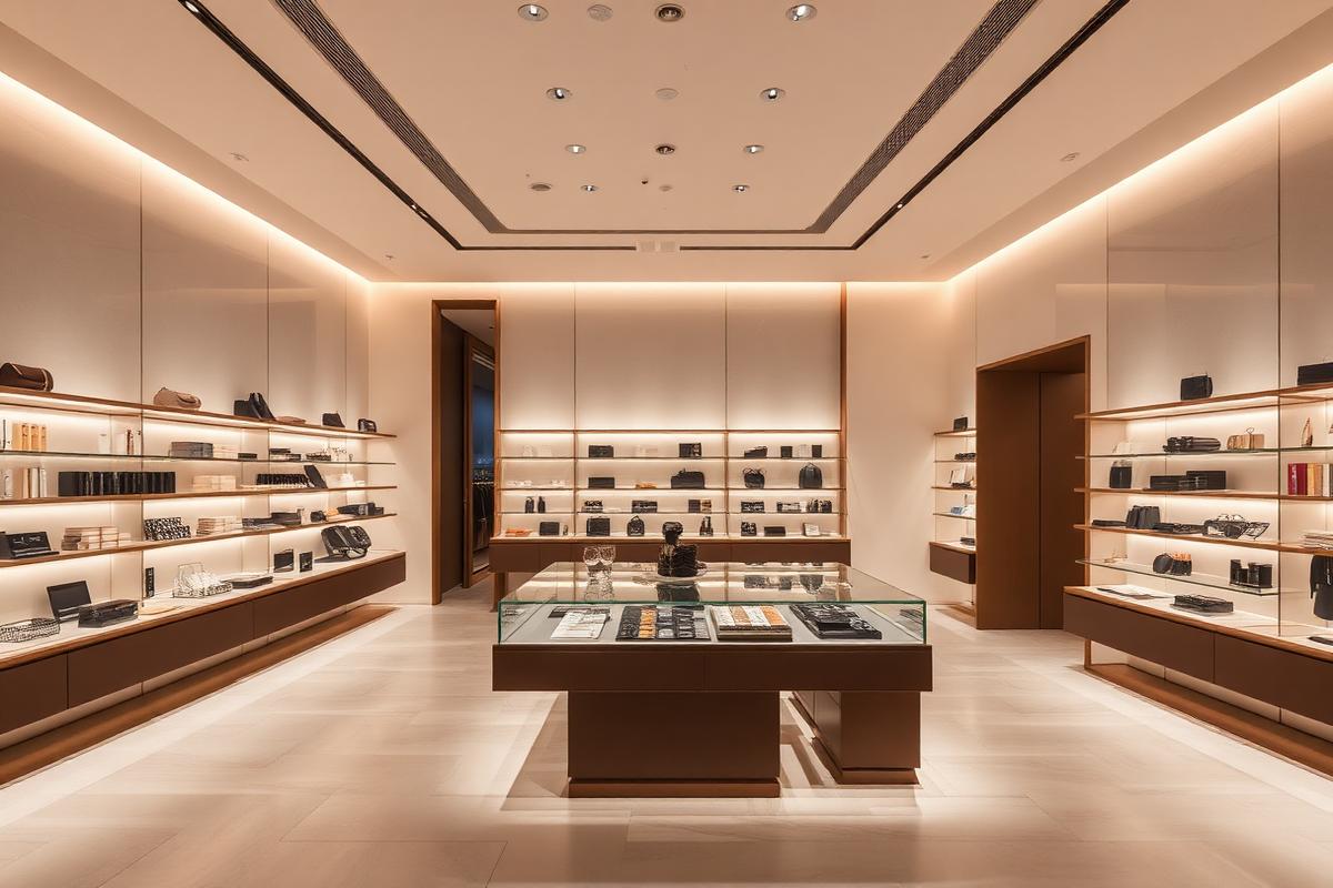 Intérieur de boutique retail haut de gamme à l'éclairage tamisé et étagères minimalistes